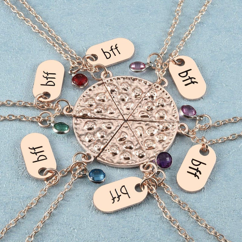 Top Plaza 6 Pcs Rose Gold Best Friends Forever BFF Friendship Necklace Engraved Rhinestone Pizza Pendant Necklaces - Image 2